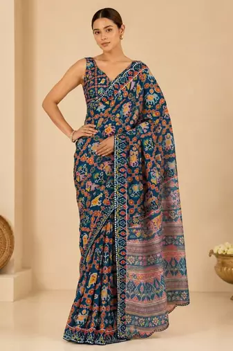 navy blue printed silk blend mirror lace saree