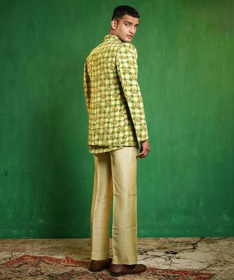 Lime green printed slub silk kurta jacket set 5