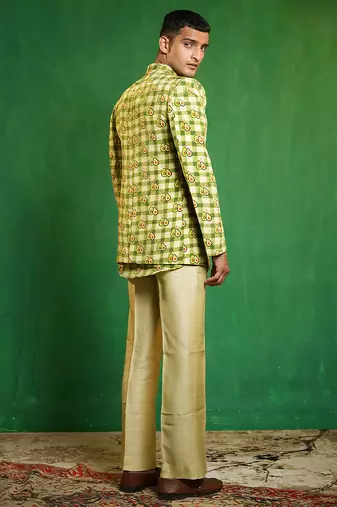 Lime green printed slub silk kurta jacket set