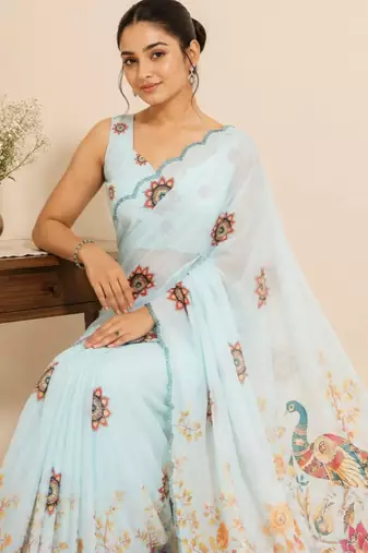 premium heavy chinon silk blend mirror work saree