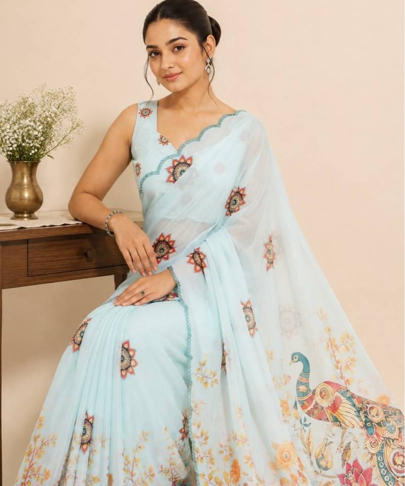 premium heavy chinon silk blend mirror work saree