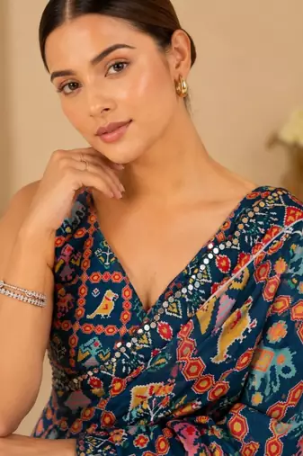 navy blue printed silk blend mirror lace saree