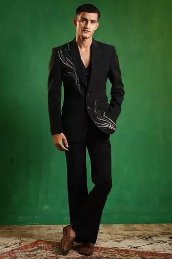 Navy blue embroidered imported suiting blazer set