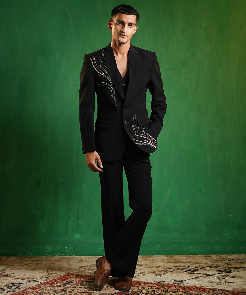 Navy blue embroidered imported suiting blazer set