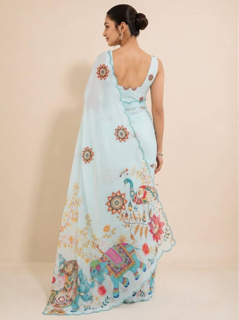 premium heavy chinon silk blend mirror work saree