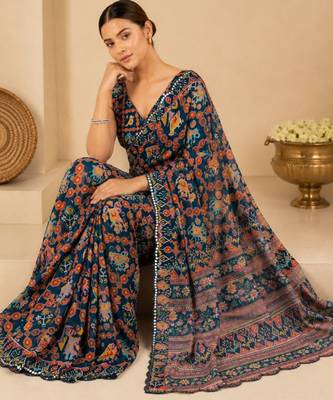 printed chinon silk blend mirror lace saree 3