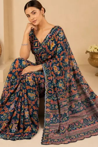 navy blue printed silk blend mirror lace saree