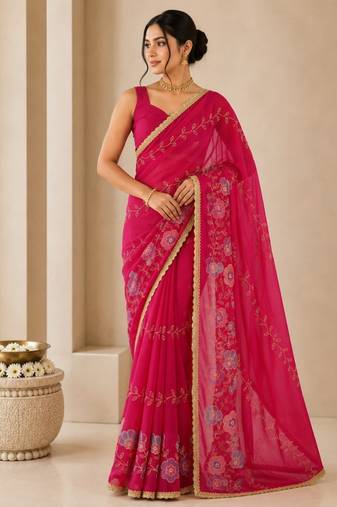 rani pink heavy star georgette beads & lace work saree