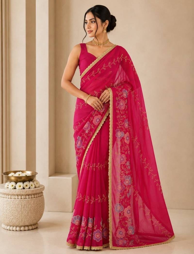 Heavy star georgette beads & lace work saree