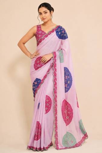 pink heavy silk blend mirror work saree