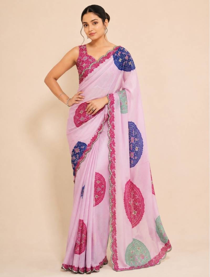 premium heavy chinon silk blend mirror work saree
