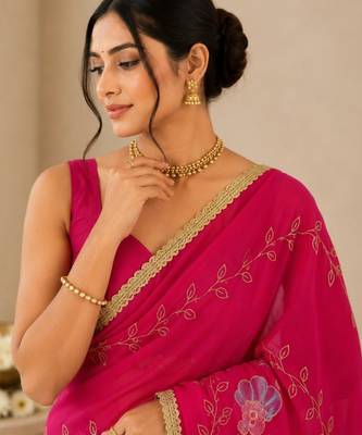 Heavy star georgette beads & lace work saree 2