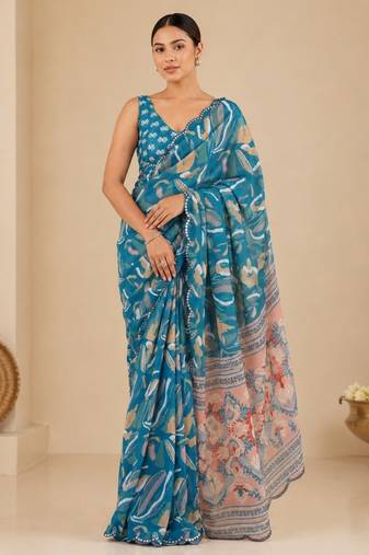teal printed silk blend mirror lace saree