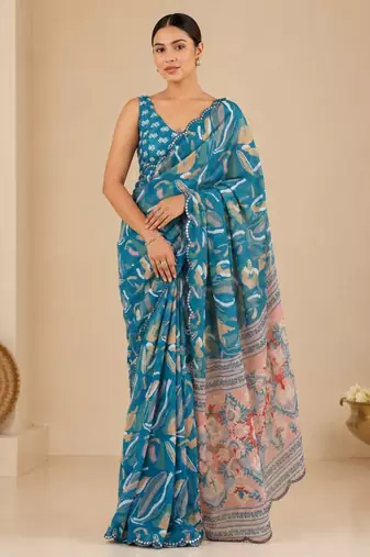 teal printed silk blend mirror lace saree