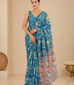 printed chinon silk blend mirror lace saree