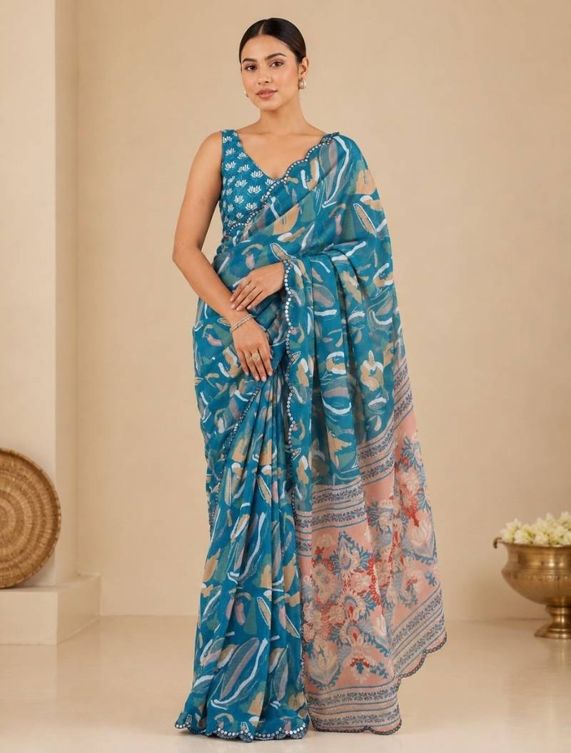 printed chinon silk blend mirror lace saree