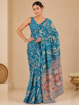 printed chinon silk blend mirror lace saree 2