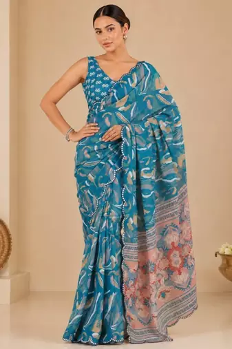 teal printed silk blend mirror lace saree