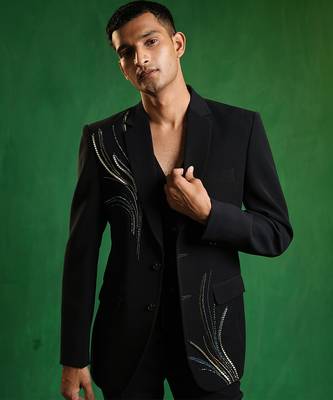 Navy blue embroidered imported suiting blazer set 4