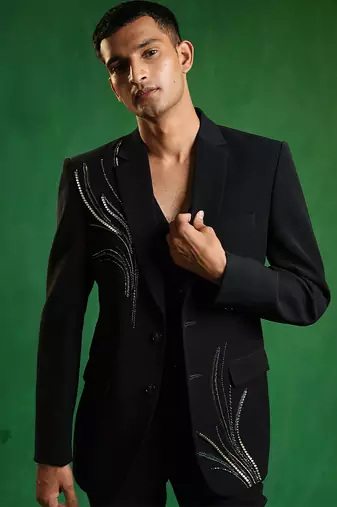 Navy blue embroidered imported suiting blazer set