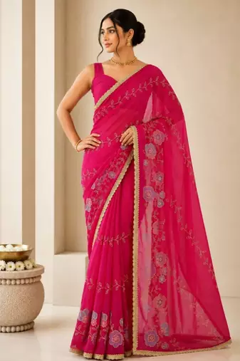 Heavy star georgette beads & lace work saree