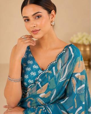 printed chinon silk blend mirror lace saree 3