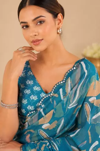 teal printed silk blend mirror lace saree