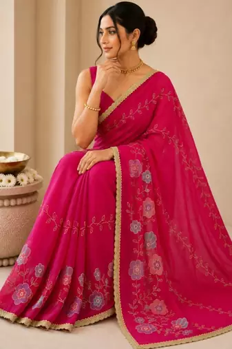 Heavy star georgette beads & lace work saree