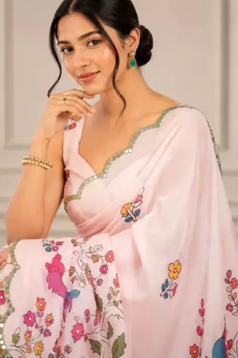 premium heavy chinon silk blend mirror work saree
