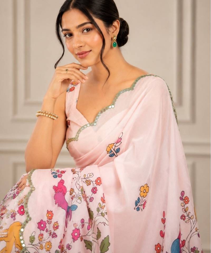 premium heavy chinon silk blend mirror work saree