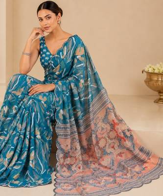 printed chinon silk blend mirror lace saree 4