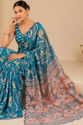 teal printed silk blend mirror lace saree