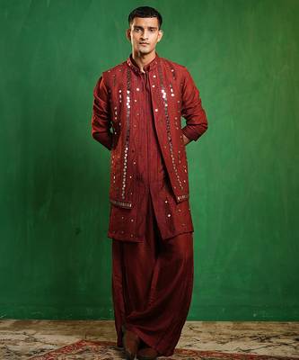 Deep maroon embroidered slub silk kurta jacket set 1