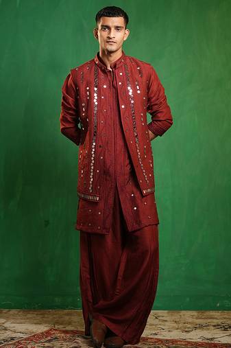 Deep maroon embroidered slub silk kurta jacket set