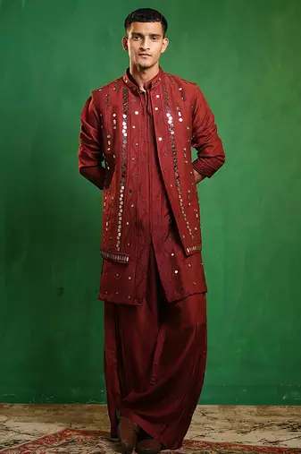 Deep maroon embroidered slub silk kurta jacket set