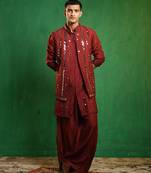 Deep maroon embroidered slub silk kurta jacket set