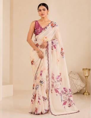 printed chinon silk blend mirror lace saree 1