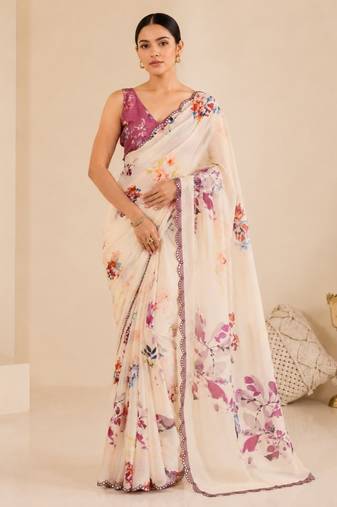 cream printed silk blend mirror lace saree