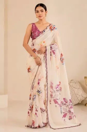 printed chinon silk blend mirror lace saree