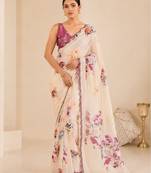 printed chinon silk blend mirror lace saree