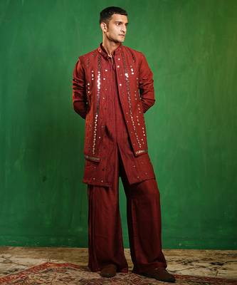Deep maroon embroidered slub silk kurta jacket set 2