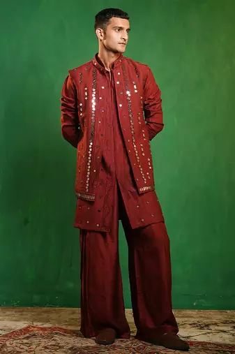 Deep maroon embroidered slub silk kurta jacket set