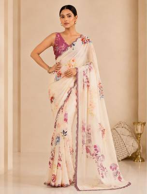 printed chinon silk blend mirror lace saree 2