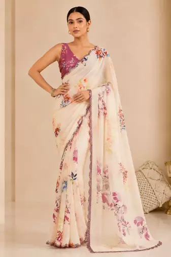 printed chinon silk blend mirror lace saree