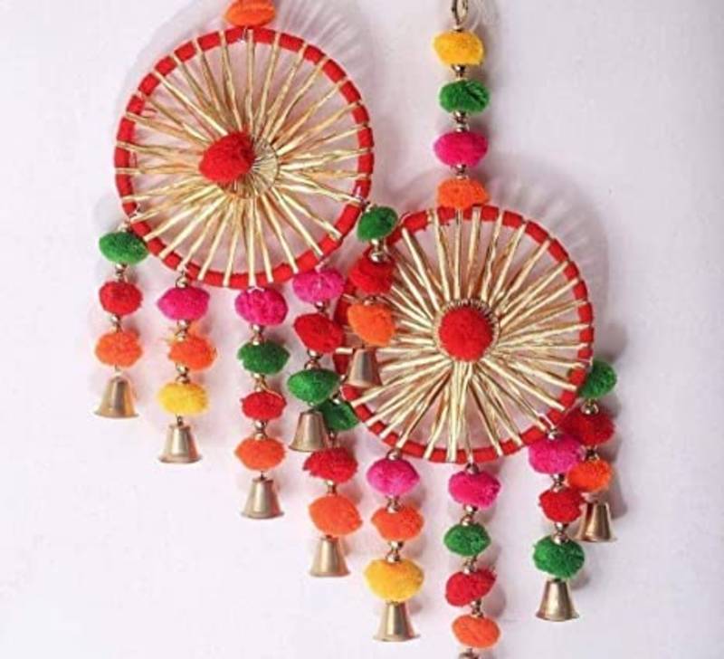 colorful gota pom pom dream catchers,diwali decoration,mendi diy home decor (pack of 2)