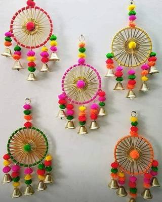 colorful gota pom pom dream catchers,diwali decoration,mendi diy home decor (pack of 2) 2