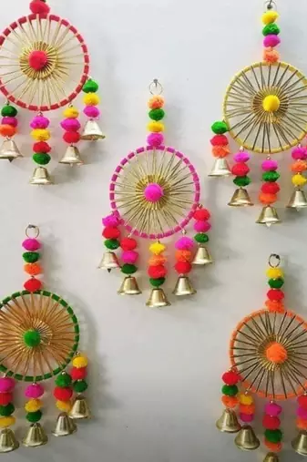 colorful gota pom pom dream catchers,diwali decoration,mendi diy home decor (pack of 2)