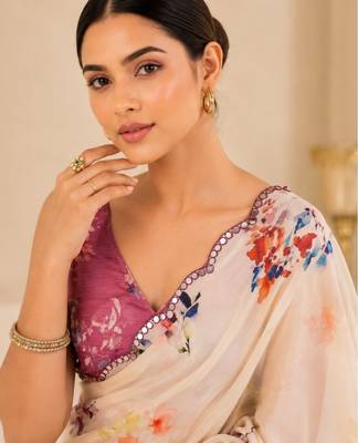 printed chinon silk blend mirror lace saree 3