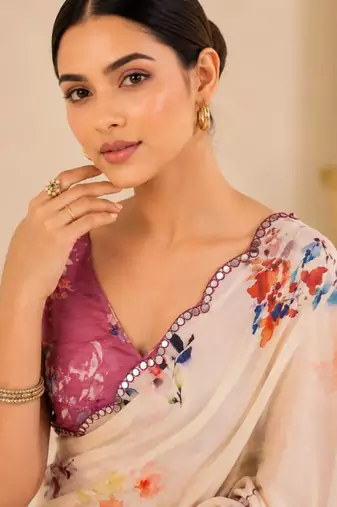 printed chinon silk blend mirror lace saree