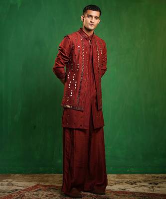 Deep maroon embroidered slub silk kurta jacket set 3